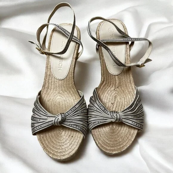 Tory Burch White Beige Logo Ribbon Wedge Espadrille Platform Sandals Heels Sz 9 - Picture 3 of 8